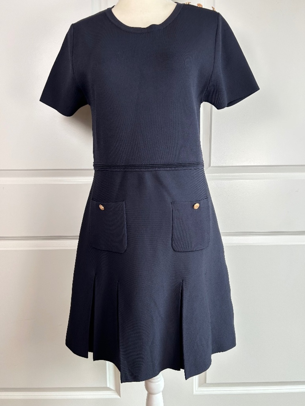 Zara Box Pleat Navy Knit Mini Dress XL Preppy Classic Nautical Old Money